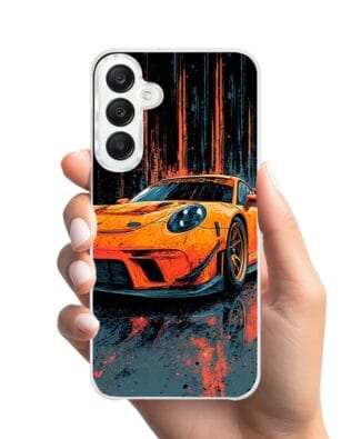 Etui do Samsung Galaxy A25 5G z MagSafe przeźroczyste, silikonowe Flexi, Szybkie Auta, Pomarańczowa 911