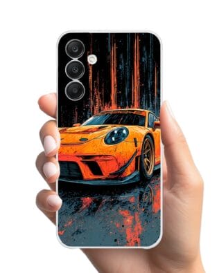 Etui do Samsung Galaxy A25 5G przeźroczyste, silikonowe Flexi, Szybkie Auta, Pomarańczowa 911