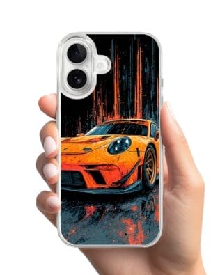 Etui do iPhone 16 z MagSafe przeźroczyste, silikonowe Flexi, Szybkie Auta, Pomarańczowa 911