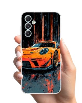 Etui do Samsung Galaxy A34 5G przeźroczyste, silikonowe Flexi, Szybkie Auta, Pomarańczowa 911