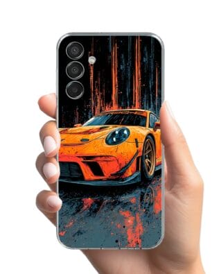 Etui do Samsung Galaxy M15 5G przeźroczyste, silikonowe Flexi, Szybkie Auta, Pomarańczowa 911