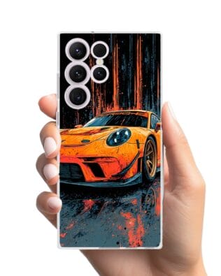 Etui do Samsung Galaxy S23 Ultra przeźroczyste, silikonowe Flexi, Szybkie Auta, Pomarańczowa 911