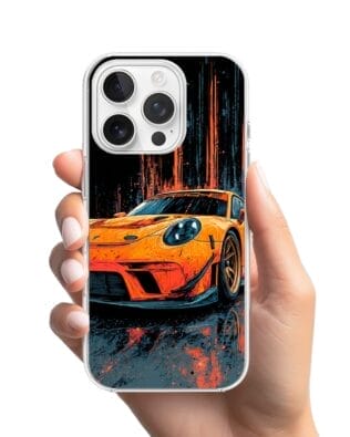 Etui do iPhone 16 Pro przeźroczyste, silikonowe Flexi, Szybkie Auta, Pomarańczowa 911