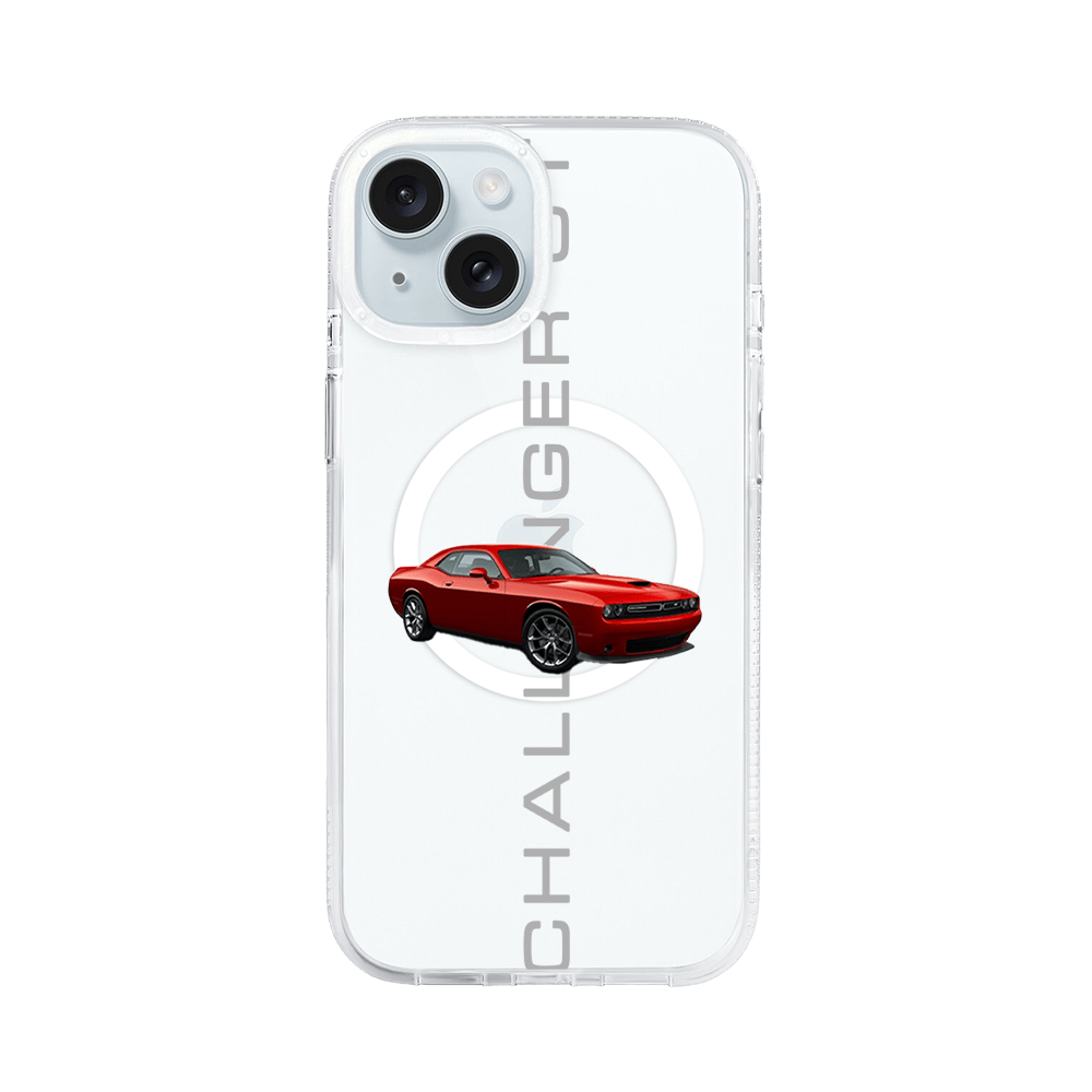 Etui do iPhone 15 z MagSafe przeźroczyste, silikonowe Flexi, Szybkie Auta, czerwony Challenger GT
