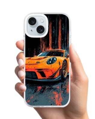 Etui do iPhone 15 z MagSafe przeźroczyste, silikonowe Flexi, Szybkie Auta, Pomarańczowa 911