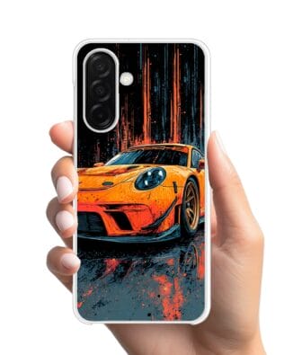 Etui do Samsung Galaxy A26 5G z MagSafe przeźroczyste, silikonowe Flexi, Szybkie Auta, Pomarańczowa 911