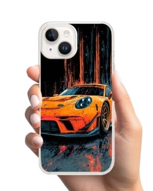 Etui do iPhone 13 Mini z MagSafe przeźroczyste, silikonowe Flexi, Szybkie Auta, Pomarańczowa 911