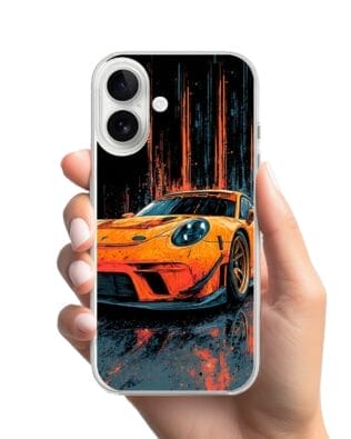 Etui do iPhone 16 przeźroczyste, silikonowe Flexi, Szybkie Auta, Pomarańczowa 911