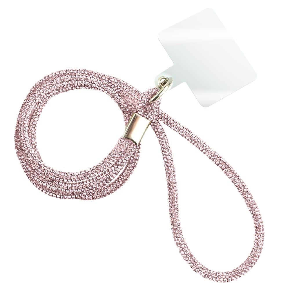 Długa smycz, pasek na szyję, ramię do telefonu, różowa, błyszcząca
