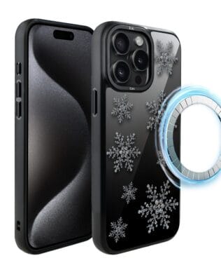 Etui do iPhone 15 Pro IBIZU DropGuard Matt z MagSafe, Zimowa magia, Płatki śniegu na czarnym lustrze