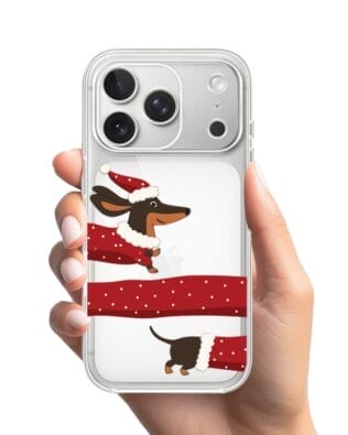 Etui do iPhone 17 Pro przeźroczyste, silikonowe Flexi, Przytulne święta, świąteczny jamnik
