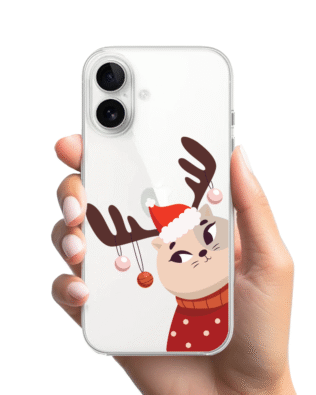 Etui do iPhone 16 przeźroczyste, silikonowe Flexi, Kotek przebrany za reniferka