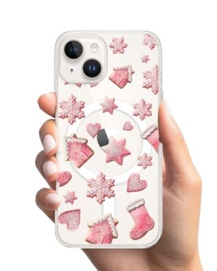 Etui do iPhone 14 z MagSafe przeźroczyste, silikonowe Flexi, Przytulne święta, Różowe pierniczki