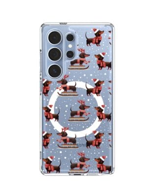 Etui do Samsung Galaxy S25 Ultra z MagSafe przeźroczyste, silikonowe Flexi, Przytulne święta, Jamniki na saniach