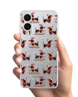 Etui do Samsung Galaxy S25 Edge przeźroczyste, silikonowe Flexi, Przytulne święta, Jamniki na saniach