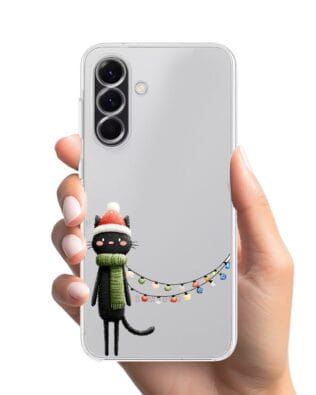 Etui do Samsung Galaxy A56 5G przeźroczyste, silikonowe Flexi, Przytulne święta, Kot przebrany za elfa