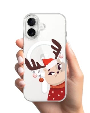 Etui do iPhone 16 Plus z MagSafe przeźroczyste, silikonowe Flexi, Kotek przebrany za reniferka