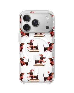 Etui do iPhone 17 Pro z MagSafe przeźroczyste, silikonowe Flexi, Przytulne święta, Jamniki na saniach