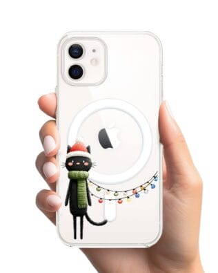 Etui do iPhone 12 Mini z MagSafe przeźroczyste, silikonowe Flexi, Przytulne święta, Kot przebrany za elfa