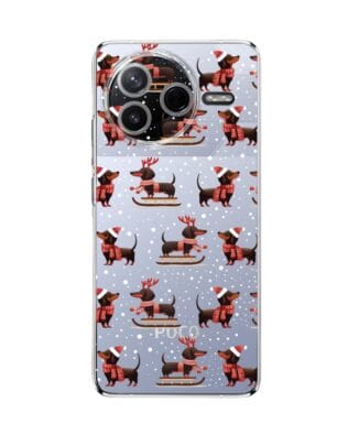 Etui do Xiaomi POCO F7 Pro przeźroczyste, silikonowe Flexi, Przytulne święta, Jamniki na saniach