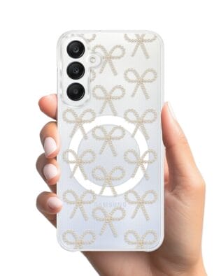 Etui do Samsung Galaxy A25 5G z MagSafe przeźroczyste, silikonowe Flexi, Przytulne święta, złote kokardki