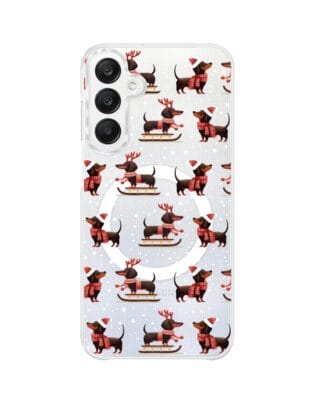 Etui do Samsung Galaxy A25 5G z MagSafe przeźroczyste, silikonowe Flexi, Przytulne święta, Jamniki na saniach