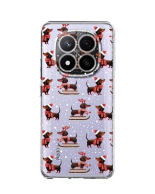 Etui do Xiaomi Redmi Note 14 Pro 4G przeźroczyste, silikonowe Flexi, Przytulne święta, Jamniki na saniach