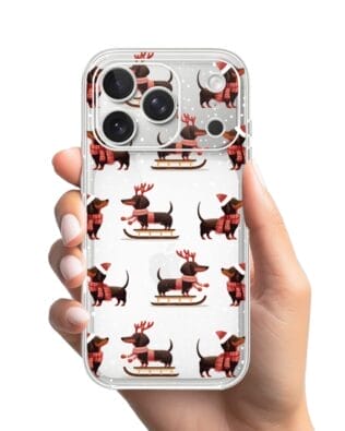 Etui do iPhone 17 Pro przeźroczyste, silikonowe Flexi, Przytulne święta, Jamniki na saniach