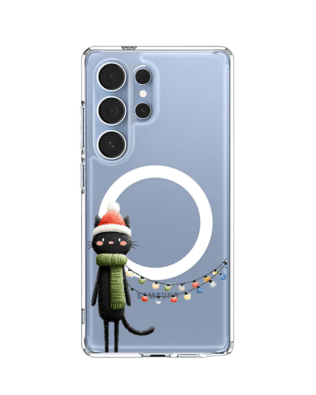 Etui do Samsung Galaxy S25 Ultra z MagSafe przeźroczyste, silikonowe Flexi, Przytulne święta, Kot przebrany za elfa