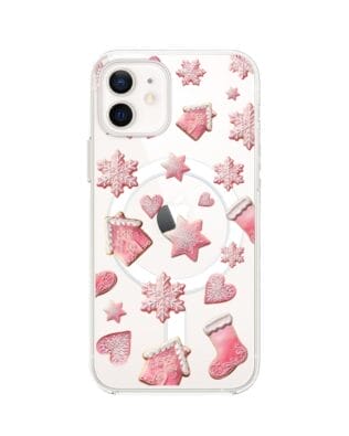 Etui do iPhone 12 z MagSafe przeźroczyste, silikonowe Flexi, Przytulne święta, Różowe pierniczki