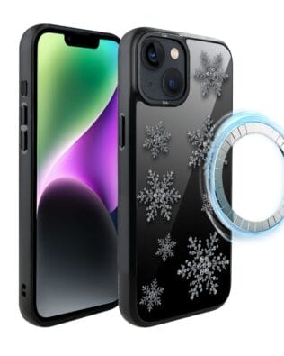 Etui do iPhone 14 Plus IBIZU DropGuard Matt z MagSafe, Zimowa magia, Płatki śniegu na czarnym lustrze