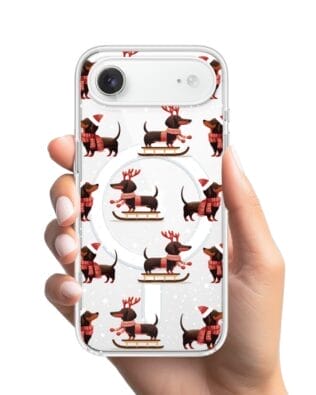 Etui do iPhone Air z MagSafe przeźroczyste, silikonowe Flexi, Przytulne święta, Jamniki na saniach