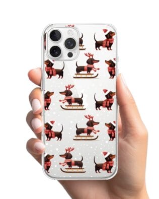 Etui do iPhone 12 Pro przeźroczyste, silikonowe Flexi, Przytulne święta, Jamniki na saniach