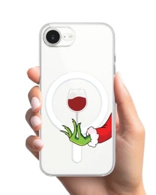 Etui do iPhone 16e z MagSafe przeźroczyste, silikonowe Flexi, Zielony psotnik z lampką wina