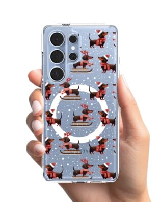 Etui do Samsung Galaxy S25 Ultra z MagSafe przeźroczyste, silikonowe Flexi, Przytulne święta, Jamniki na saniach