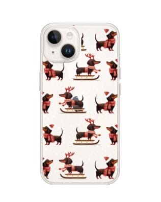 Etui do iPhone 13 Mini przeźroczyste, silikonowe Flexi, Przytulne święta, Jamniki na saniach