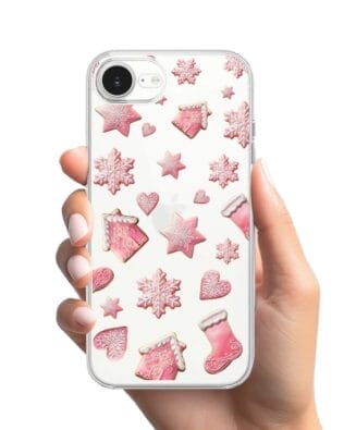 Etui do iPhone 16e przeźroczyste, silikonowe Flexi, Przytulne święta, Różowe pierniczki
