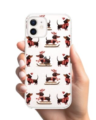 Etui do iPhone 12 Mini przeźroczyste, silikonowe Flexi, Przytulne święta, Jamniki na saniach