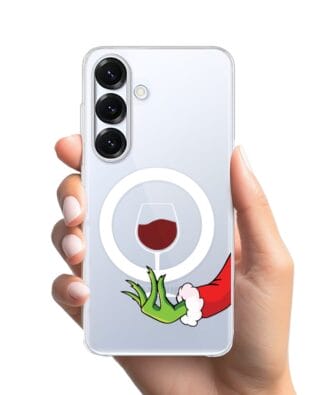 Etui do Samsung Galaxy S25 Plus z MagSafe przeźroczyste, silikonowe Flexi, Zielony psotnik z lampką wina