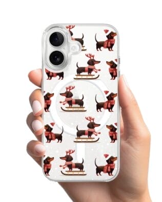 Etui do iPhone 16 Plus z MagSafe przeźroczyste, silikonowe Flexi, Przytulne święta, Jamniki na saniach