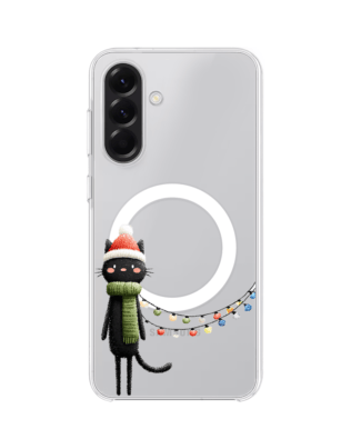 Etui do Samsung Galaxy A56 5G z MagSafe przeźroczyste, silikonowe Flexi, Przytulne święta, Kot przebrany za elfa