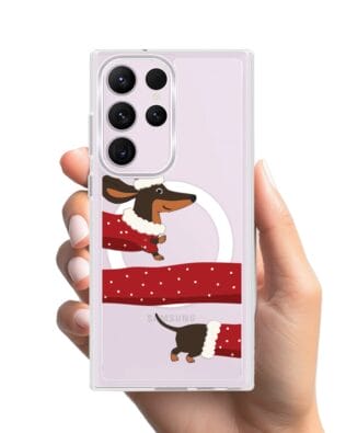 Etui do Samsung Galaxy S23 Ultra z MagSafe przeźroczyste, silikonowe Flexi, Przytulne święta, świąteczny jamnik