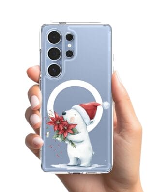 Etui do Samsung Galaxy S25 Ultra z MagSafe przeźroczyste, silikonowe Flexi, Przytulne święta, Miś świąteczny