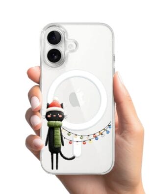 Etui do iPhone 16 z MagSafe przeźroczyste, silikonowe Flexi, Przytulne święta, Kot przebrany za elfa