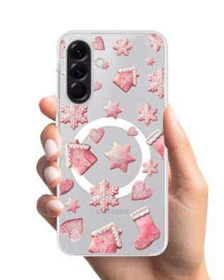 Etui do Samsung Galaxy A56 5G z MagSafe przeźroczyste, silikonowe Flexi, Przytulne święta, Różowe pierniczki