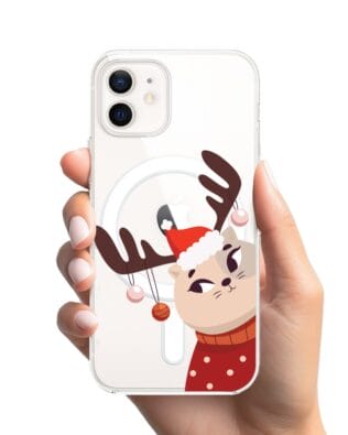 Etui do iPhone 12 Mini z MagSafe przeźroczyste, silikonowe Flexi, Kotek przebrany za reniferka