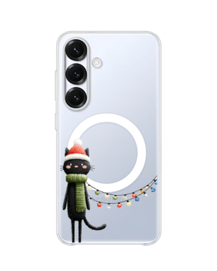 Etui do Samsung Galaxy S25 z MagSafe przeźroczyste, silikonowe Flexi, Przytulne święta, Kot przebrany za elfa