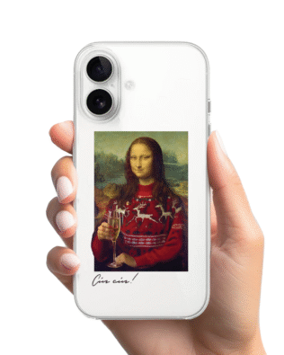 Etui do iPhone 16 przeźroczyste, silikonowe Flexi, świąteczna Mona Lisa z szampanem