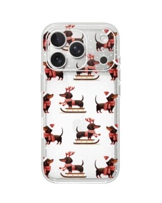 Etui do iPhone 17 Pro Max przeźroczyste, silikonowe Flexi, Przytulne święta, Jamniki na saniach