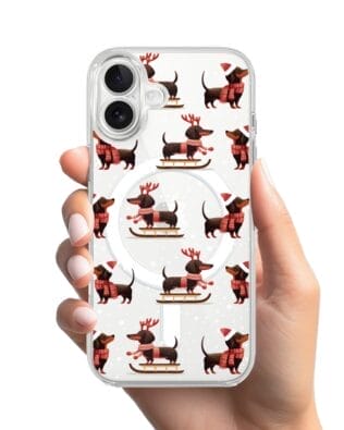Etui do iPhone 17 z MagSafe przeźroczyste, silikonowe Flexi, Przytulne święta, Jamniki na saniach